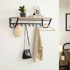 Merkloos Hangende Kapstok voor Muur of Wand - 8 Haken en 1 Bar - 90 cm Lang - Lichte Eik