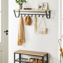 Merkloos Hangende Kapstok voor Muur of Wand - 8 Haken en 1 Bar - 90 cm Lang - Lichte Eik