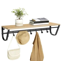 Merkloos Hangende Kapstok voor Muur of Wand - 8 Haken en 1 Bar - 90 cm Lang - Lichte Eik
