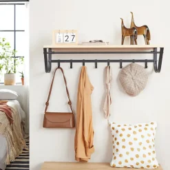 Merkloos Hangende Kapstok voor Muur of Wand - 8 Haken en 1 Bar - 90 cm Lang - Lichte Eik