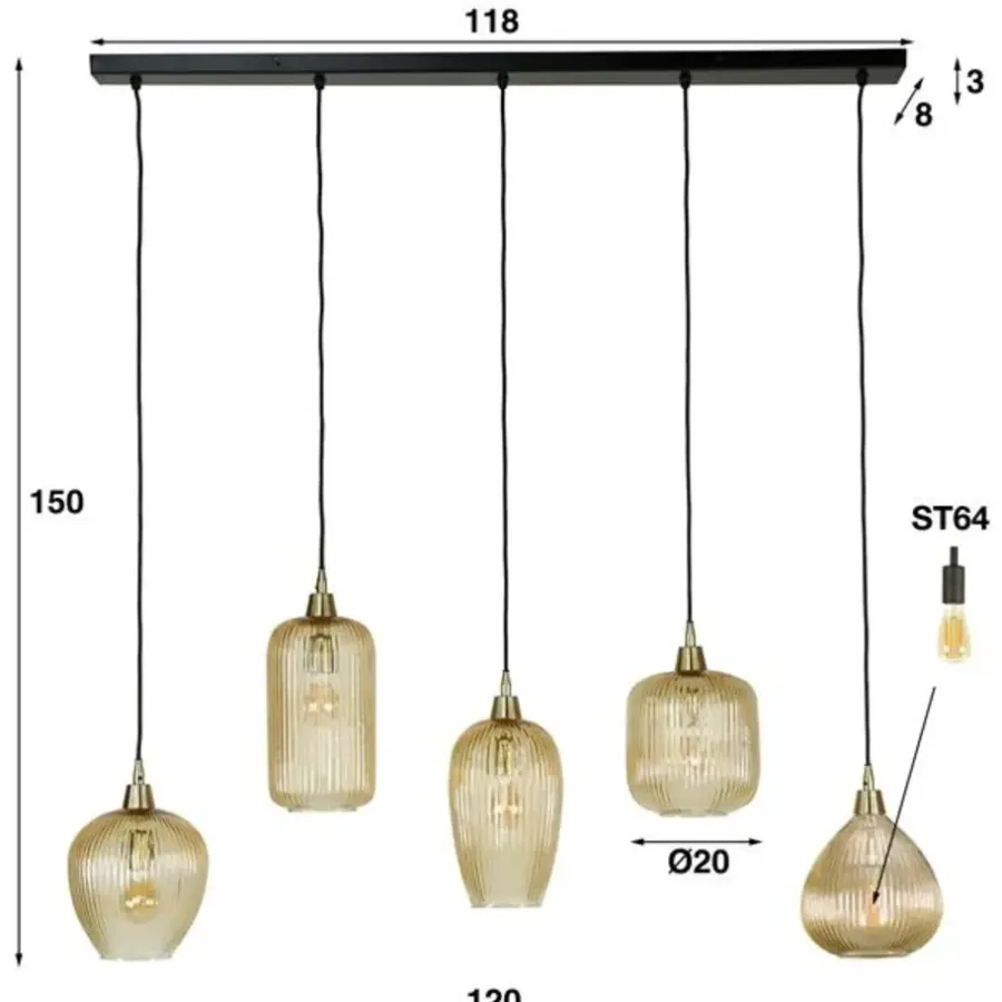 Hanglampen-Dimehouse Hanglamp Ella glas amber rond 5-lichts 20x120x150 cm Amber color glas