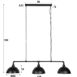 Hanglampen-Dimehouse Hanglamp industrieel Abby 3-lichts buis zwart - 25x118x150 cm - Zwart - Zwart