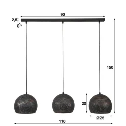 Hanglampen-Dimehouse Hanglamp industrieel Aya 3-lichts zwart bruin 25x110x150 cm Zwart bruin