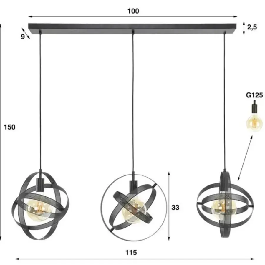 Dimehouse Hanglamp Yaya 3-lichts mesh - Metaal - Zwart
