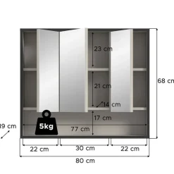 Spiegelkasten-Hioshop Bagno spiegelkast 3 spiegeldeuren lichtgrijs- crèmekleurig