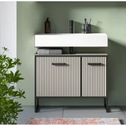 Hioshop Bagno wastafel 2 deuren lichtgrijs- crèmekleurig
