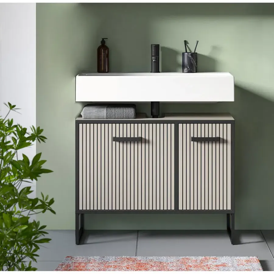 Hioshop Bagno wastafel 2 deuren lichtgrijs- crèmekleurig