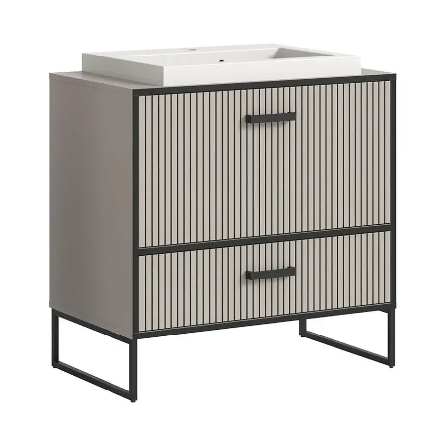 Wastafelkasten-Hioshop Bagno wastafel incl wasbak 1 lade 1 klepdeur lichtgrijs- crèmekleurig