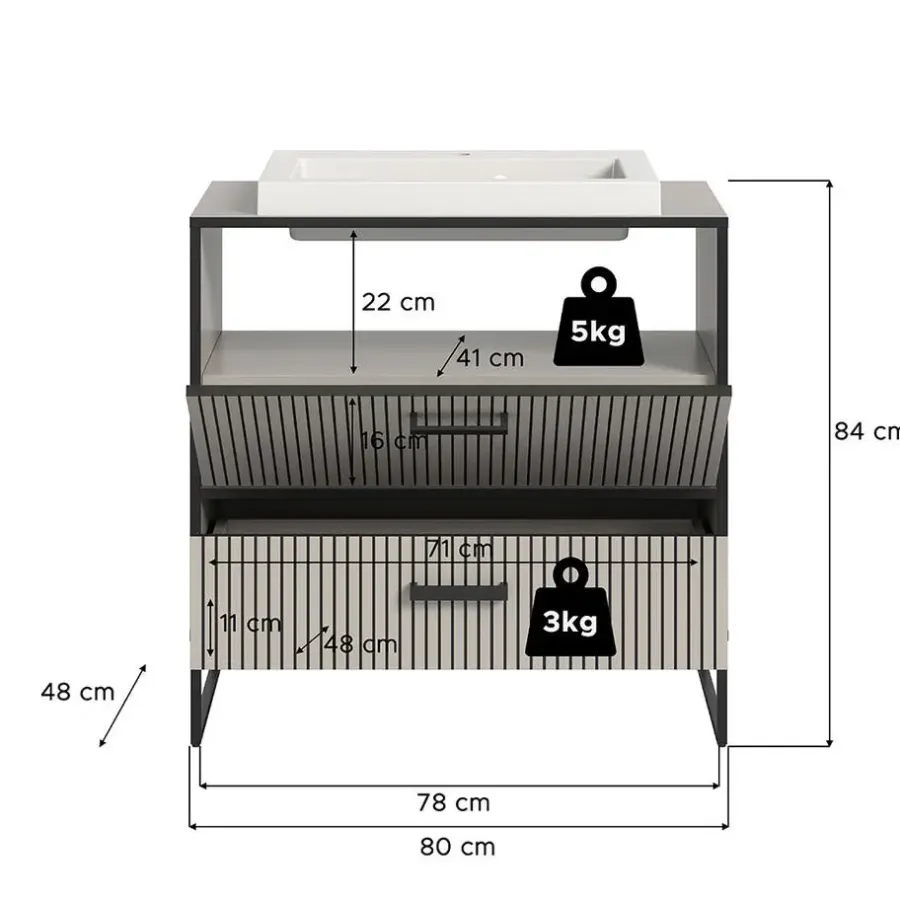 Wastafelkasten-Hioshop Bagno wastafel incl wasbak 1 lade 1 klepdeur lichtgrijs- crèmekleurig