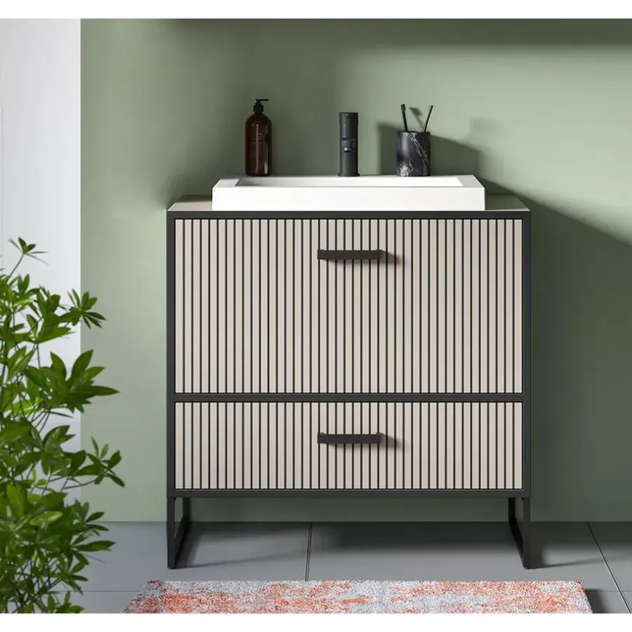 Wastafelkasten-Hioshop Bagno wastafel incl wasbak 1 lade 1 klepdeur lichtgrijs- crèmekleurig