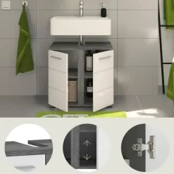 Wastafelkasten-Merkloos Hioshop Blake wastafel 2 deuren wit hoogglans- grijs