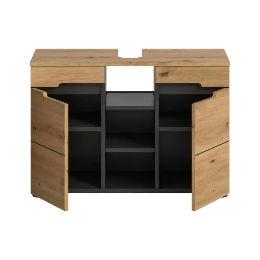 Wastafelkasten-Merkloos Hioshop Canu wastafel 2 deuren- 3 planken eiken decor- grijs