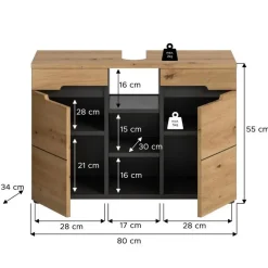 Wastafelkasten-Merkloos Hioshop Canu wastafel 2 deuren- 3 planken eiken decor- grijs