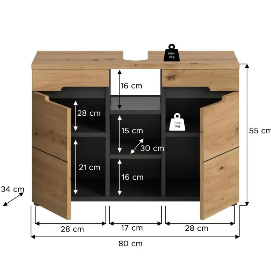Wastafelkasten-Merkloos Hioshop Canu wastafel 2 deuren- 3 planken eiken decor- grijs