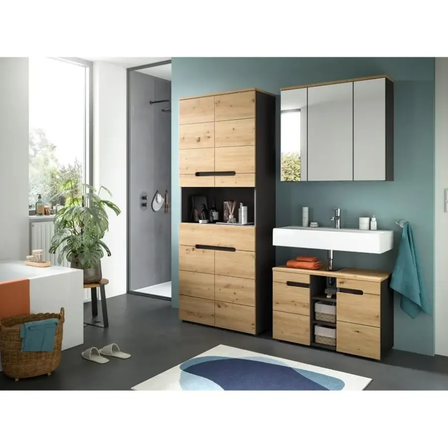 Wastafelkasten-Merkloos Hioshop Canu wastafel 2 deuren- 3 planken eiken decor- grijs