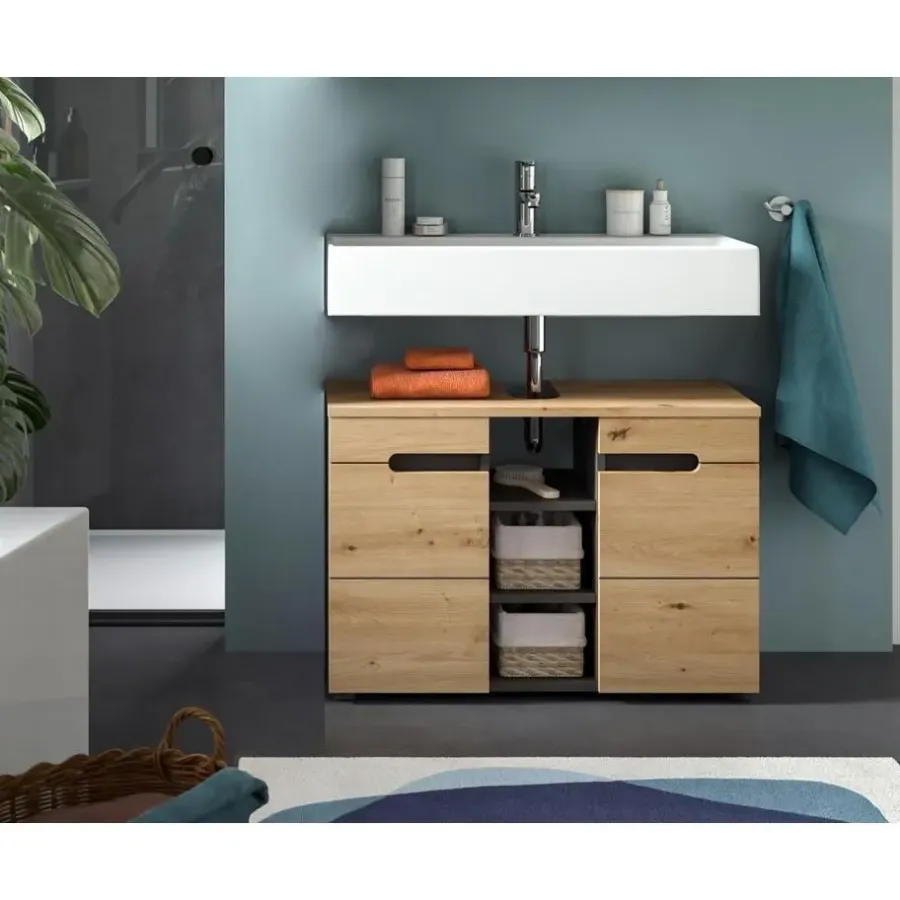 Wastafelkasten-Merkloos Hioshop Canu wastafel 2 deuren- 3 planken eiken decor- grijs