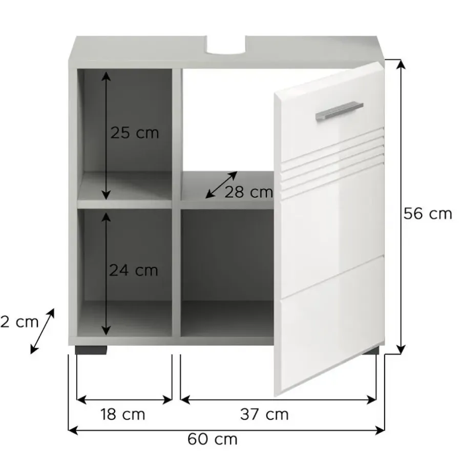 Merkloos Hioshop Copa wastafel 1 deur- 2 planken wit hoogglans- lichtgrijs