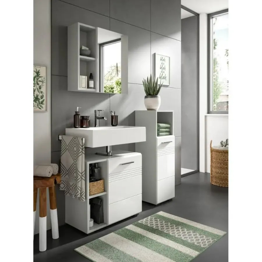 Merkloos Hioshop Copa wastafel 1 deur- 2 planken wit hoogglans- lichtgrijs