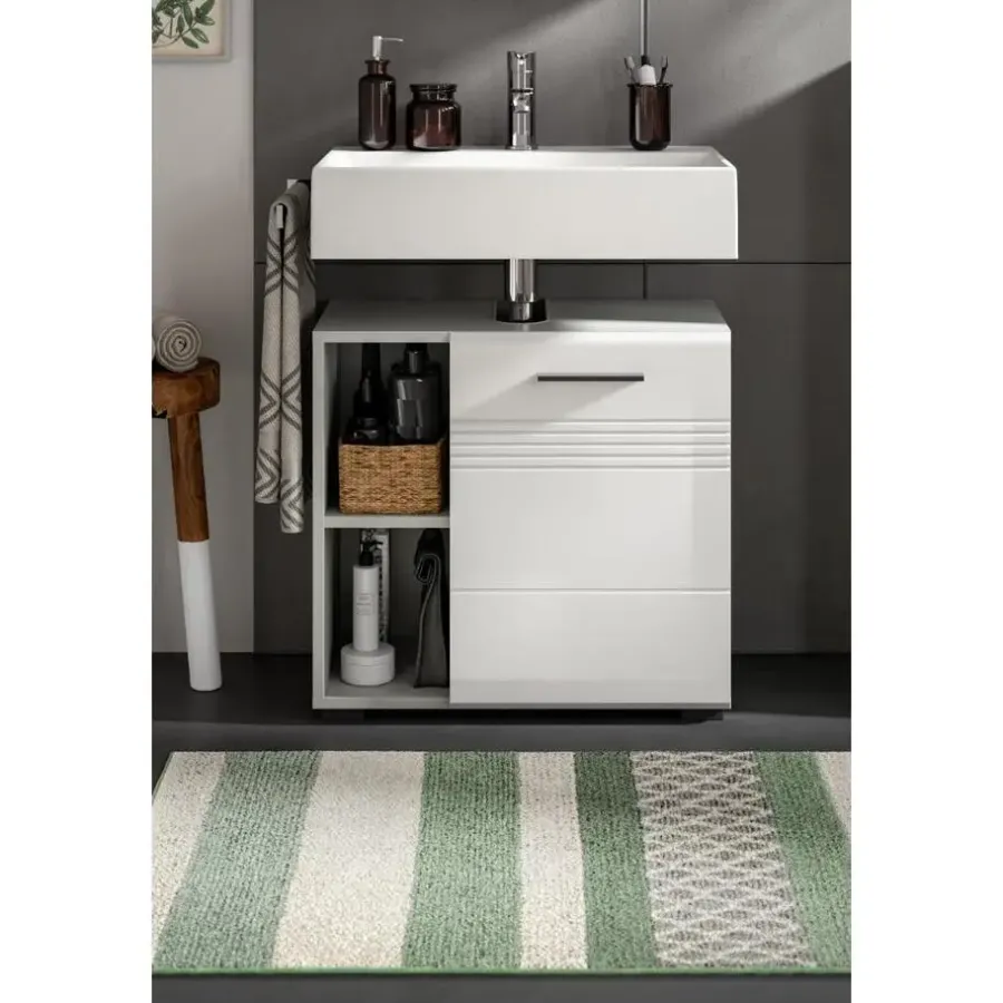 Merkloos Hioshop Copa wastafel 1 deur- 2 planken wit hoogglans- lichtgrijs