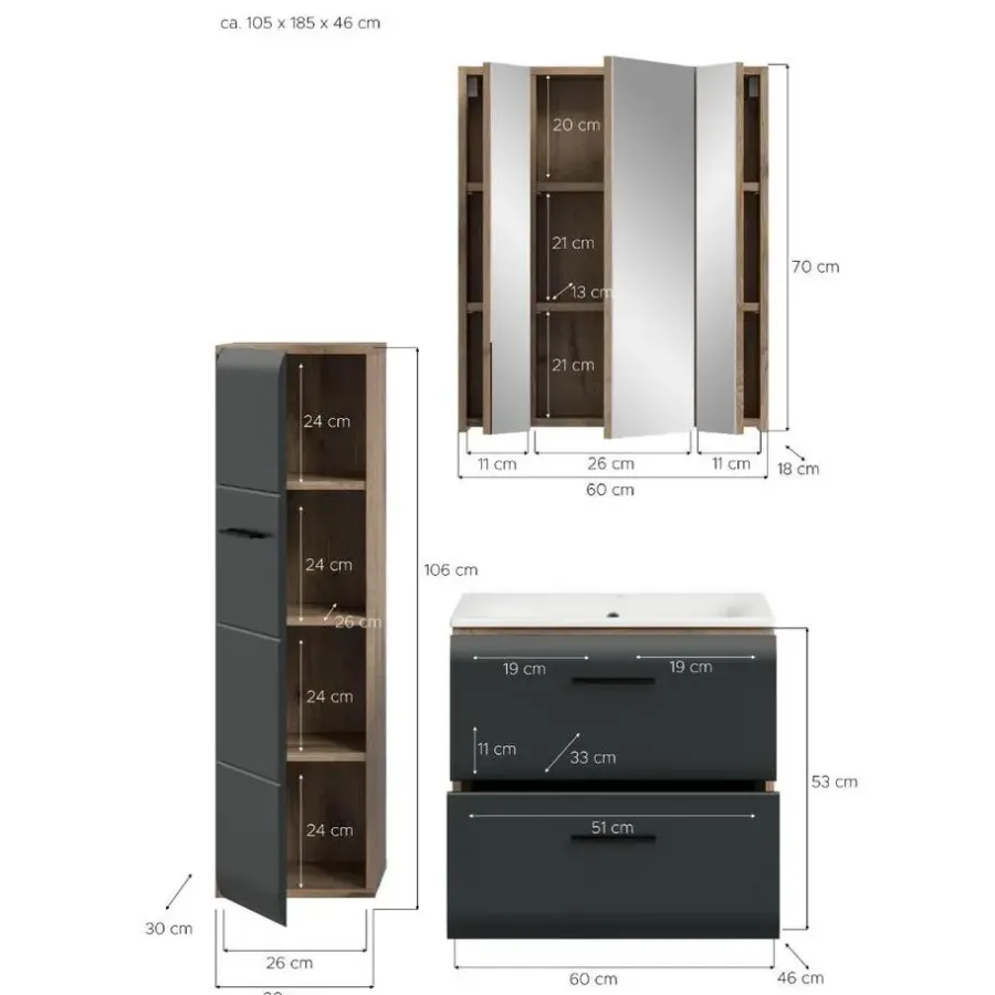 Badmeubelsets-Merkloos Hioshop Ice badkamer I8 zwart mat- eiken decor