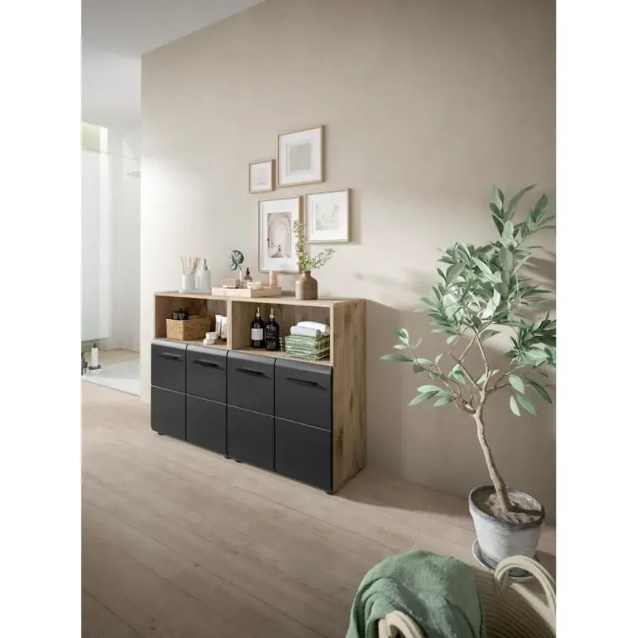 Badmeubelsets-Merkloos Hioshop Ice badkamer I13 zwart mat- eiken decor