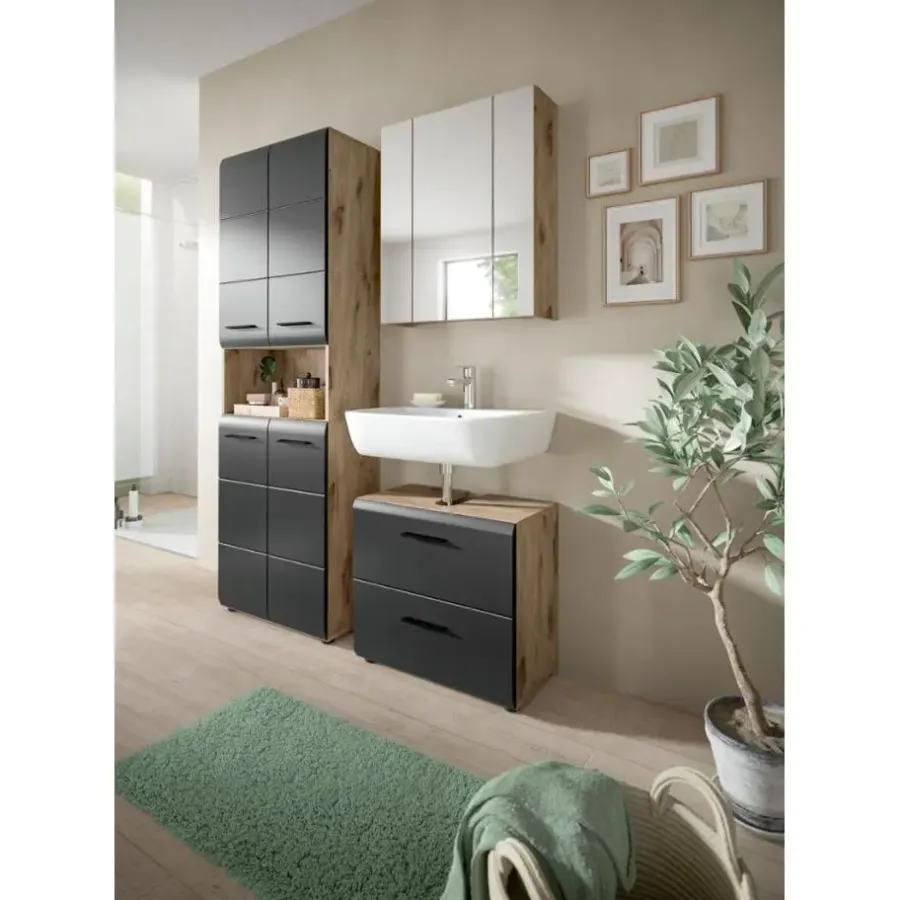 Badmeubelsets-Merkloos Hioshop Ice badkamer I19 zwart mat- eiken decor