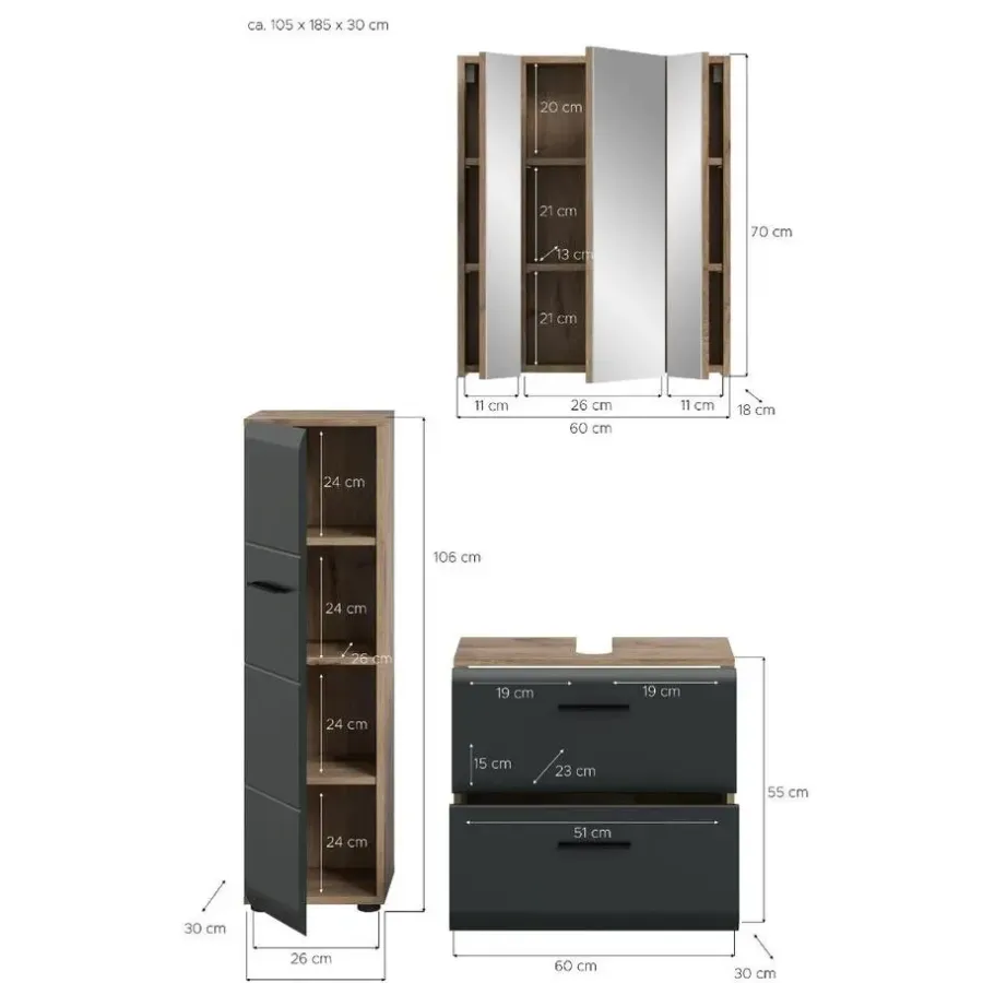 Badmeubelsets-Merkloos Hioshop Ice badkamer I24 zwart mat- eiken decor