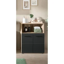 Badmeubelsets-Merkloos Hioshop Ice badkamerkast 2 deuren- 1 plank zwart mat- eiken decor