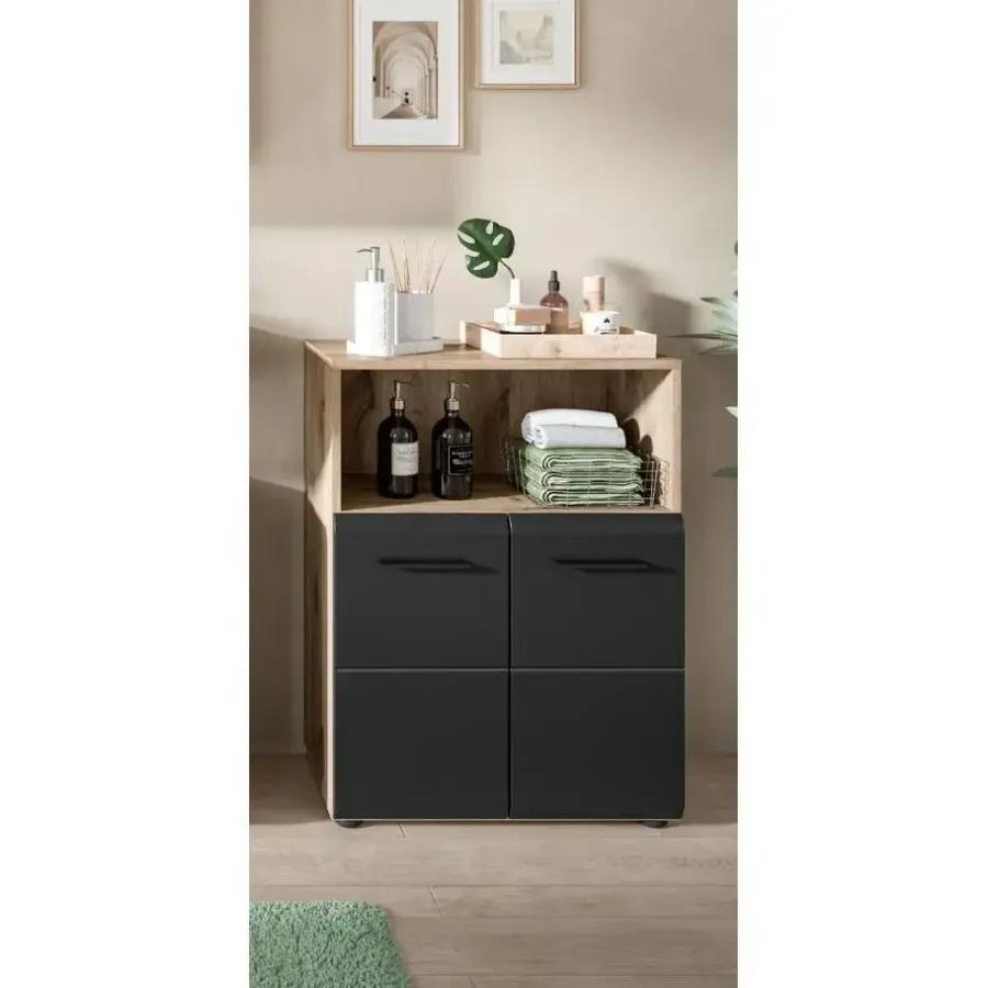 Badmeubelsets-Merkloos Hioshop Ice badkamerkast 2 deuren- 1 plank zwart mat- eiken decor