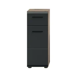 Hoge Kasten-Merkloos Hioshop Ice badkamerkast 1 deur- 1 lade zwart mat- eiken decor
