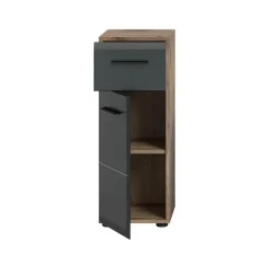 Hoge Kasten-Merkloos Hioshop Ice badkamerkast 1 deur- 1 lade zwart mat- eiken decor