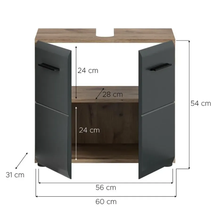 Wastafelkasten-Merkloos Hioshop Ice wastafel 2 deuren zwart mat- eiken decor