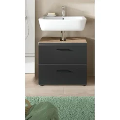 Wastafelkasten-Merkloos Hioshop Ice wastafel 2 lades zwart mat- eiken decor