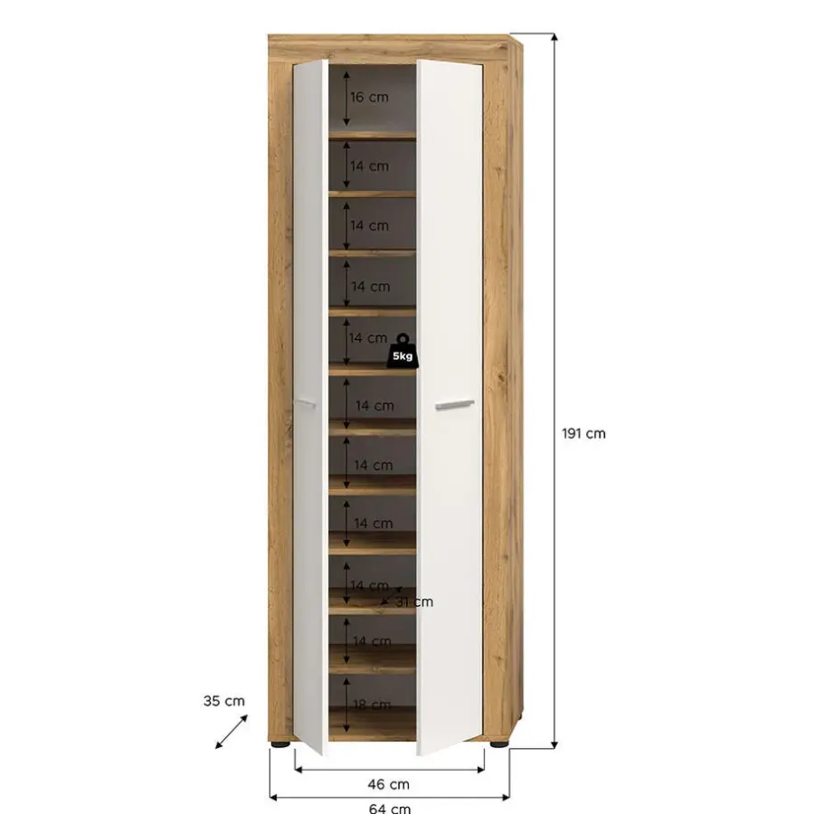 Hioshop Jam schoenenkast 2 deuren wit- eik decor