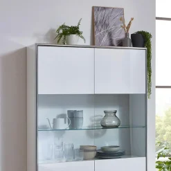 Buffetkasten-Hioshop Kenan vitrinekast 2 deuren- 1 lade wit hoogglans gelakt