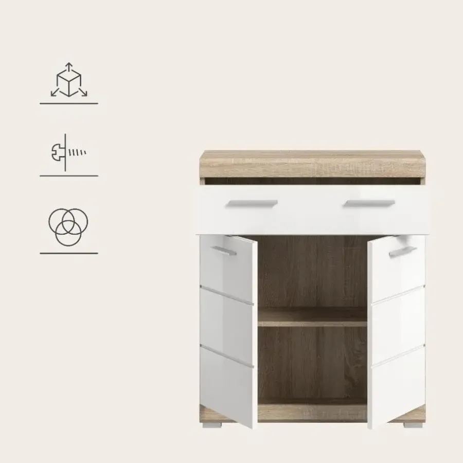 Merkloos Hioshop Lambada badkamerkast 2 deuren- 1 lade wit hoogglans- eiken decor