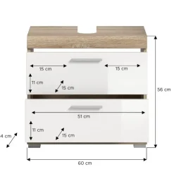 Merkloos Hioshop Lambada wastafel 2 deuren- 2 lades- 2 planken wit hoogglans- eiken