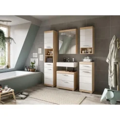 Merkloos Hioshop Lambada wastafel 2 deuren- 2 lades- 2 planken wit hoogglans- eiken