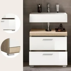 Merkloos Hioshop Lambada wastafel 2 deuren- 2 lades- 2 planken wit hoogglans- eiken