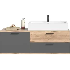 Wastafelkasten-Hioshop Mason wastafel 140cm 1 deur- 2 laden grijs-eik decor