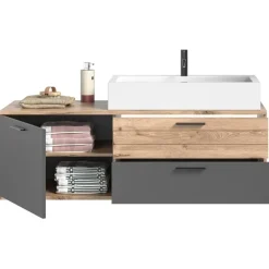 Wastafelkasten-Hioshop Mason wastafel 140cm 1 deur- 2 laden grijs-eik decor