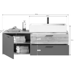 Wastafelkasten-Hioshop Mason wastafel 140cm 1 deur- 2 laden grijs-eik decor