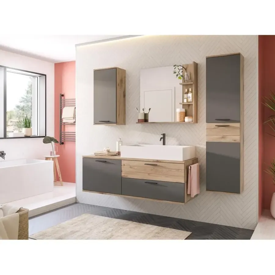 Wastafelkasten-Hioshop Mason wastafel 140cm 1 deur- 2 laden grijs-eik decor