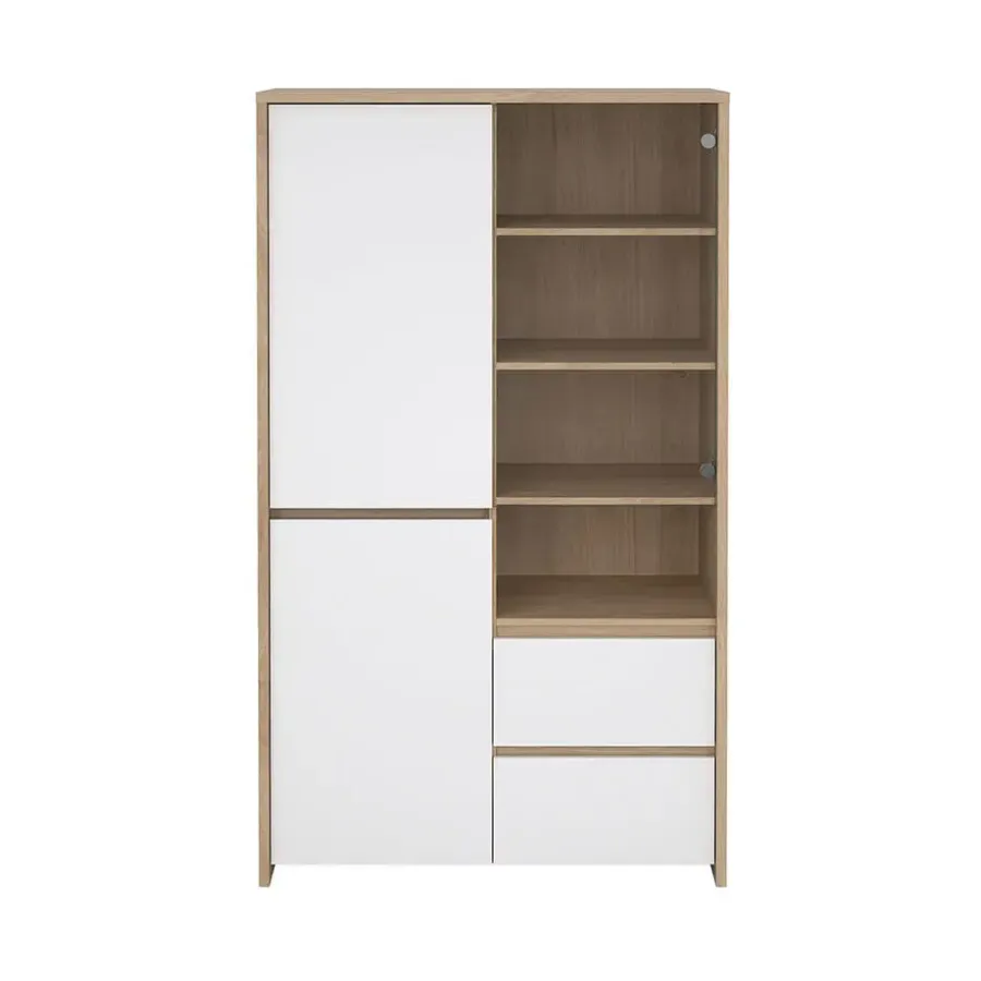 Buffetkasten-Hioshop Next vitrinekast 3 deuren- 2 lades- 1 plank eiken decor- wit hoogglans