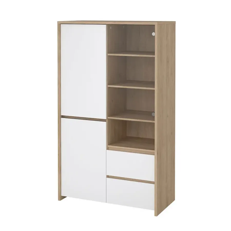 Buffetkasten-Hioshop Next vitrinekast 3 deuren- 2 lades- 1 plank eiken decor- wit hoogglans
