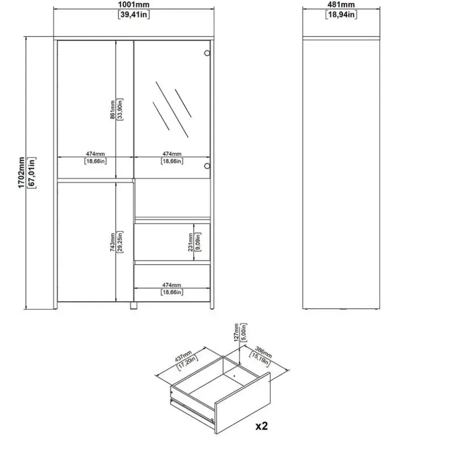 Buffetkasten-Hioshop Next vitrinekast 3 deuren- 2 lades- 1 plank eiken decor- wit hoogglans