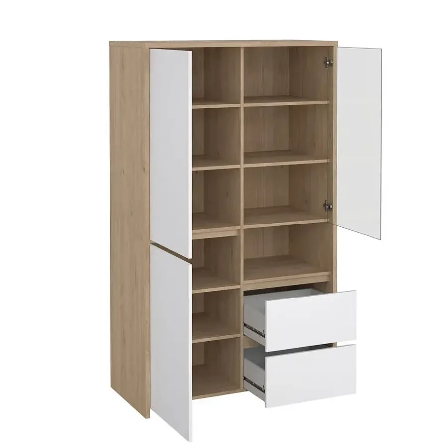 Buffetkasten-Hioshop Next vitrinekast 3 deuren- 2 lades- 1 plank eiken decor- wit hoogglans