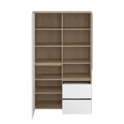 Buffetkasten-Hioshop Next vitrinekast 3 deuren- 2 lades- 1 plank eiken decor- wit hoogglans