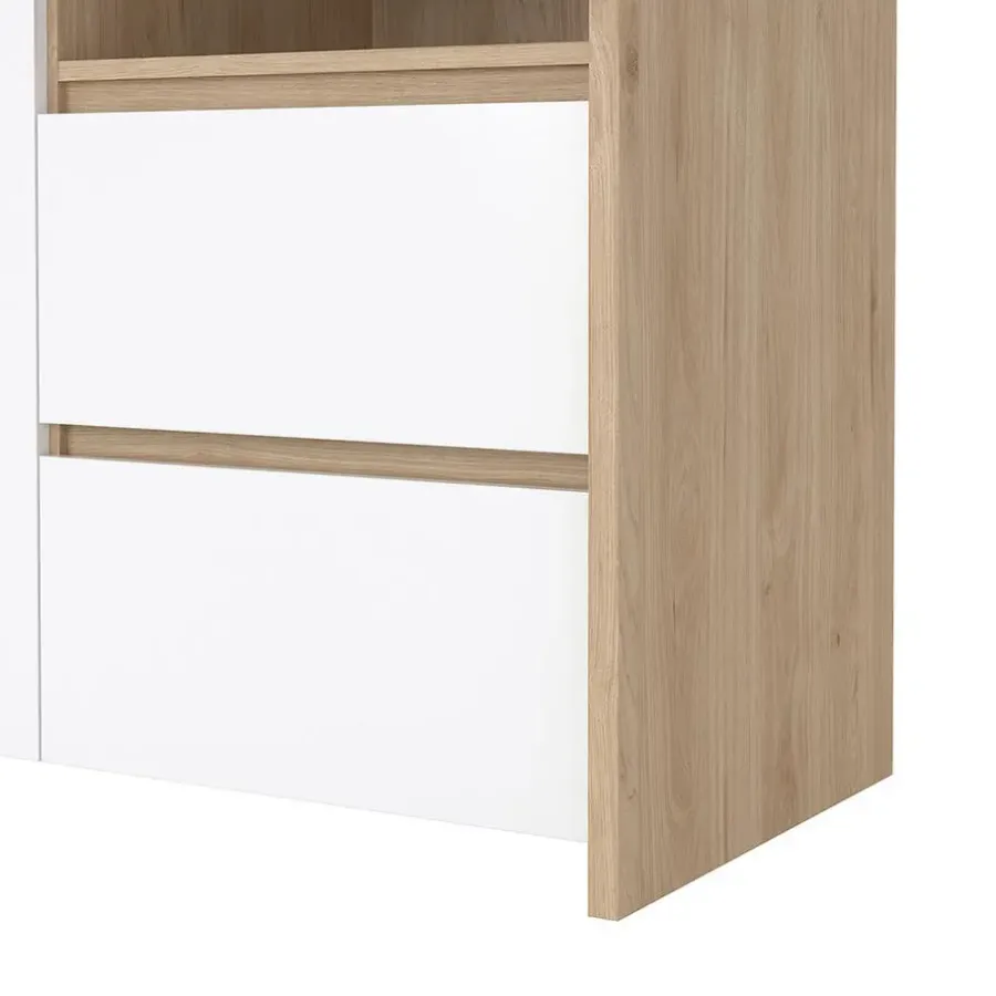 Buffetkasten-Hioshop Next vitrinekast 3 deuren- 2 lades- 1 plank eiken decor- wit hoogglans