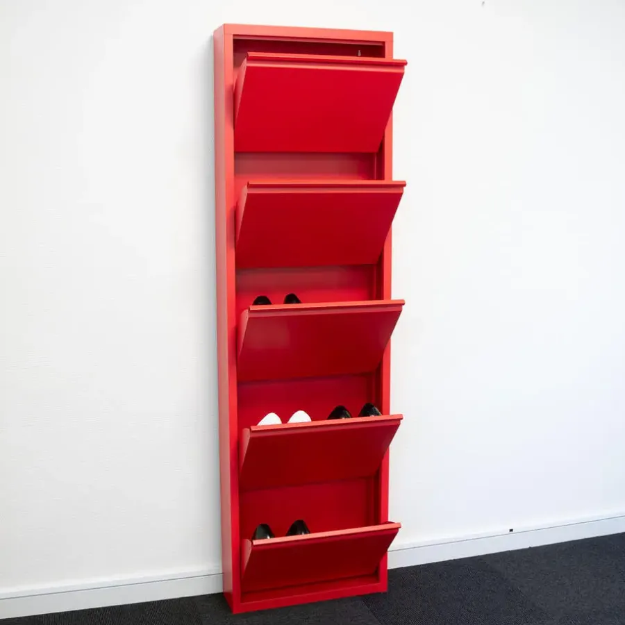 Hioshop Pisa schoenenkast rood metaal met 5 vakken